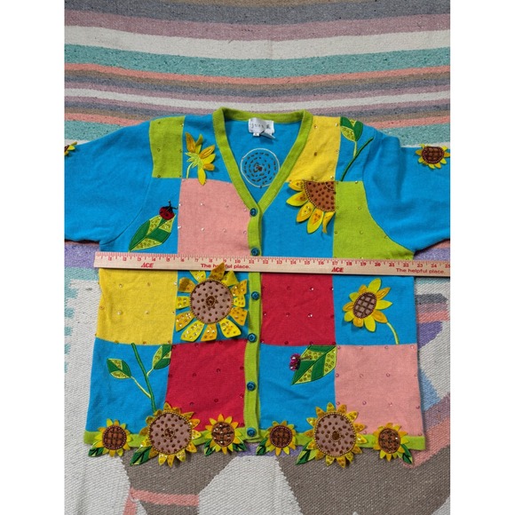 Y2K Colorful Sunflower Patchwork Cardigan Sweater – Size XL - Picture 5 of 9